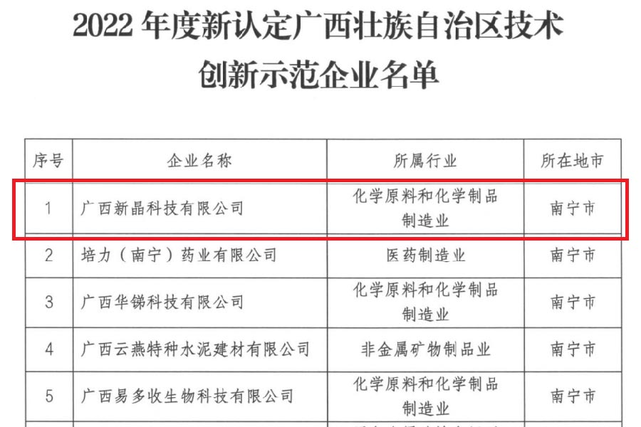新晶科技入選2022年廣西區(qū)技術(shù)創(chuàng)新示范企業(yè)