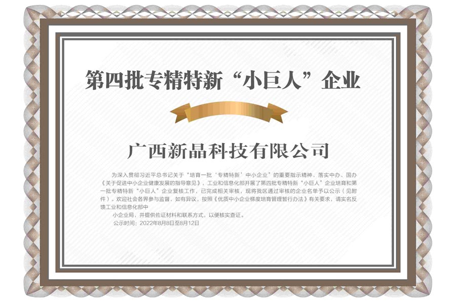 新晶公司榮獲國(guó)家級(jí)專精特新“小巨人”企業(yè)稱號(hào)